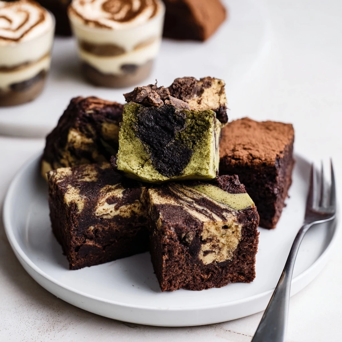 Decadent matcha-miso brownies topped with a rich chocolate drizzle, ideal for sharing.  