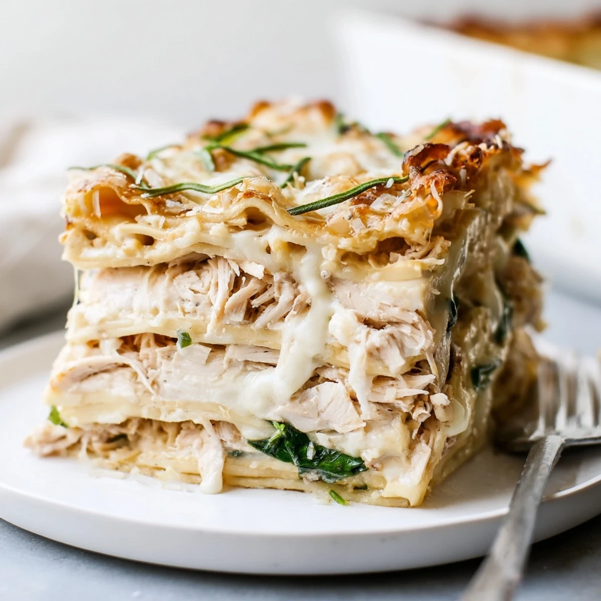 Savory rosemary chicken lasagna layered with creamy béchamel and bubbling mozzarella.  