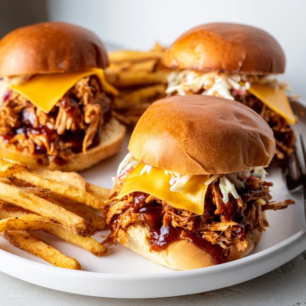 Delicious BBQ chicken sliders accompanied by golden fries make perfect party snacks.