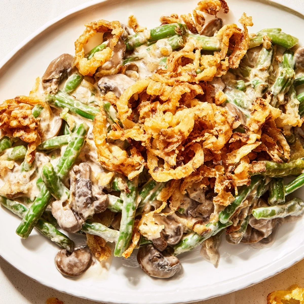 Warm and creamy Old-School Green Bean Casserole, perfect for holiday feasts and gatherings.