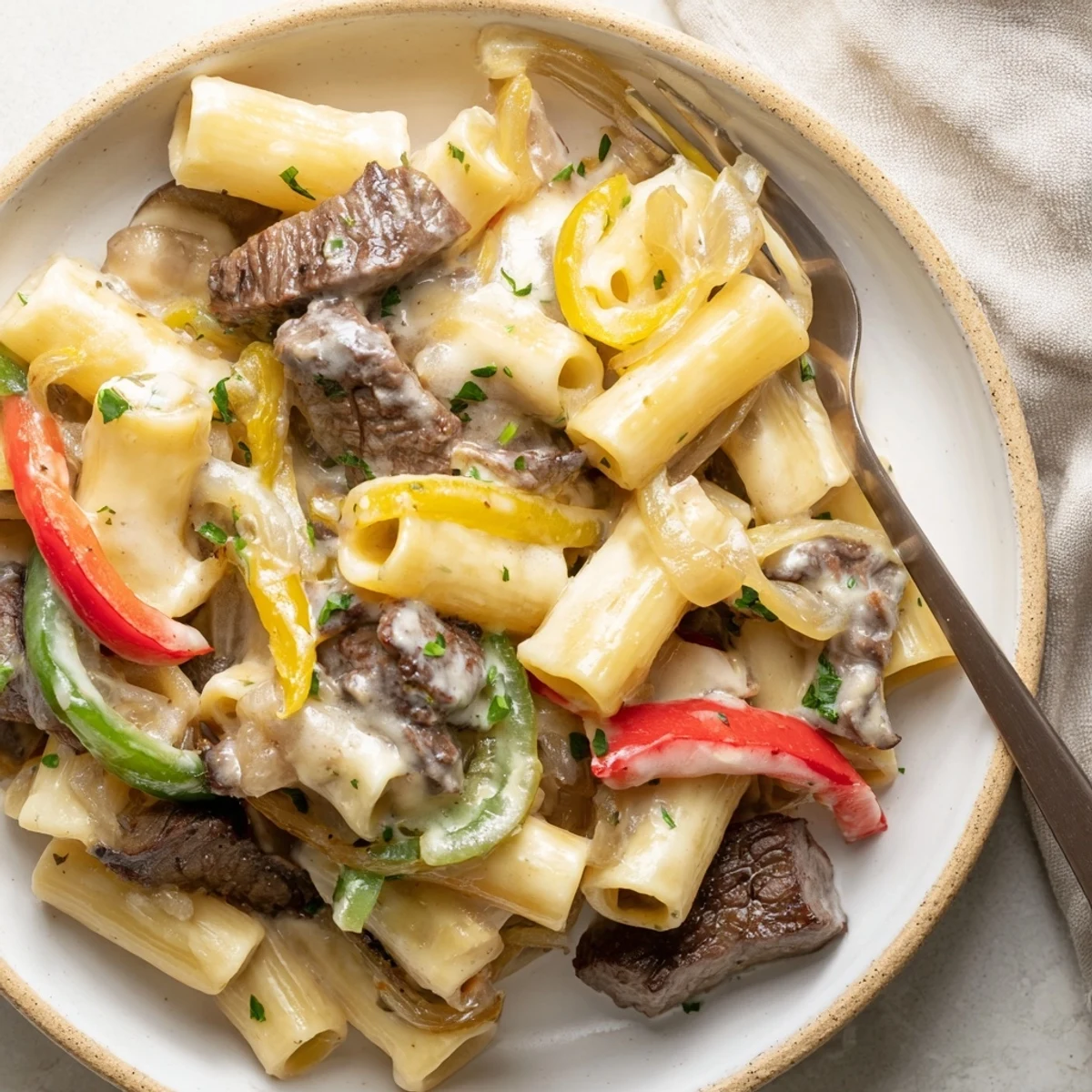 Hearty Philly Cheese Steak Pasta served with creamy cheese sauce and colorful peppers.  