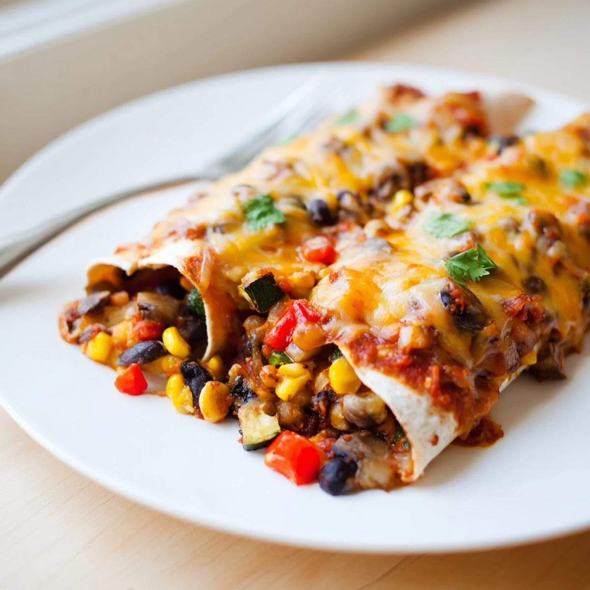 Colorful enchiladas filled with seasonal veggies, black beans, and creamy cheese goodness.  