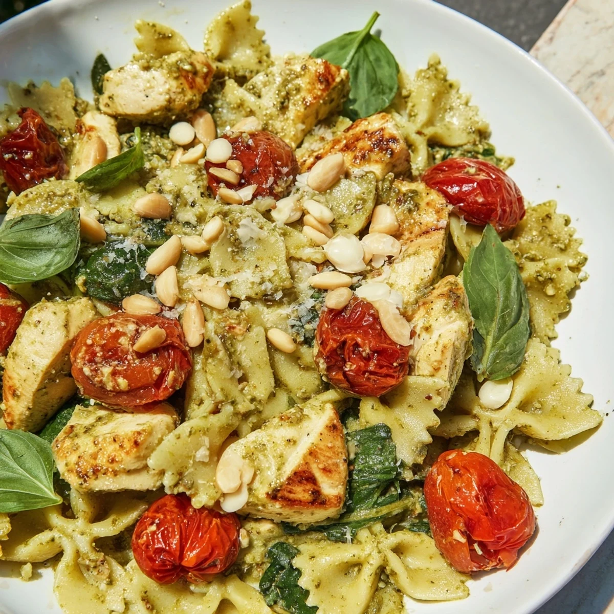 Savory pesto chicken bowtie pasta, a comforting dish with al dente bowtie pasta and parmesan cheese.
