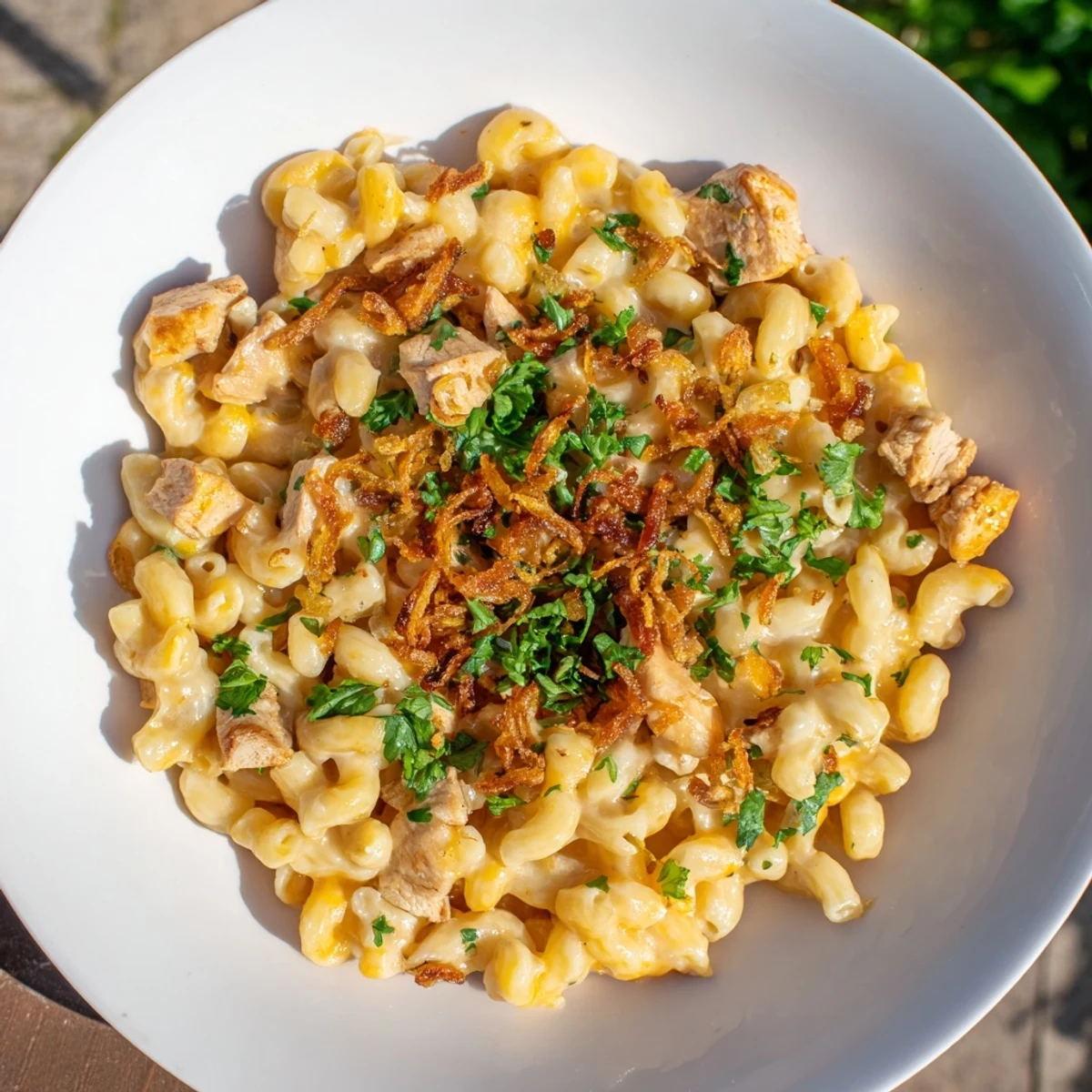 One-Pot Honey BBQ Chicken Mac and Cheese, bubbling and cheesy, with a sprinkle of fresh parsley on top.