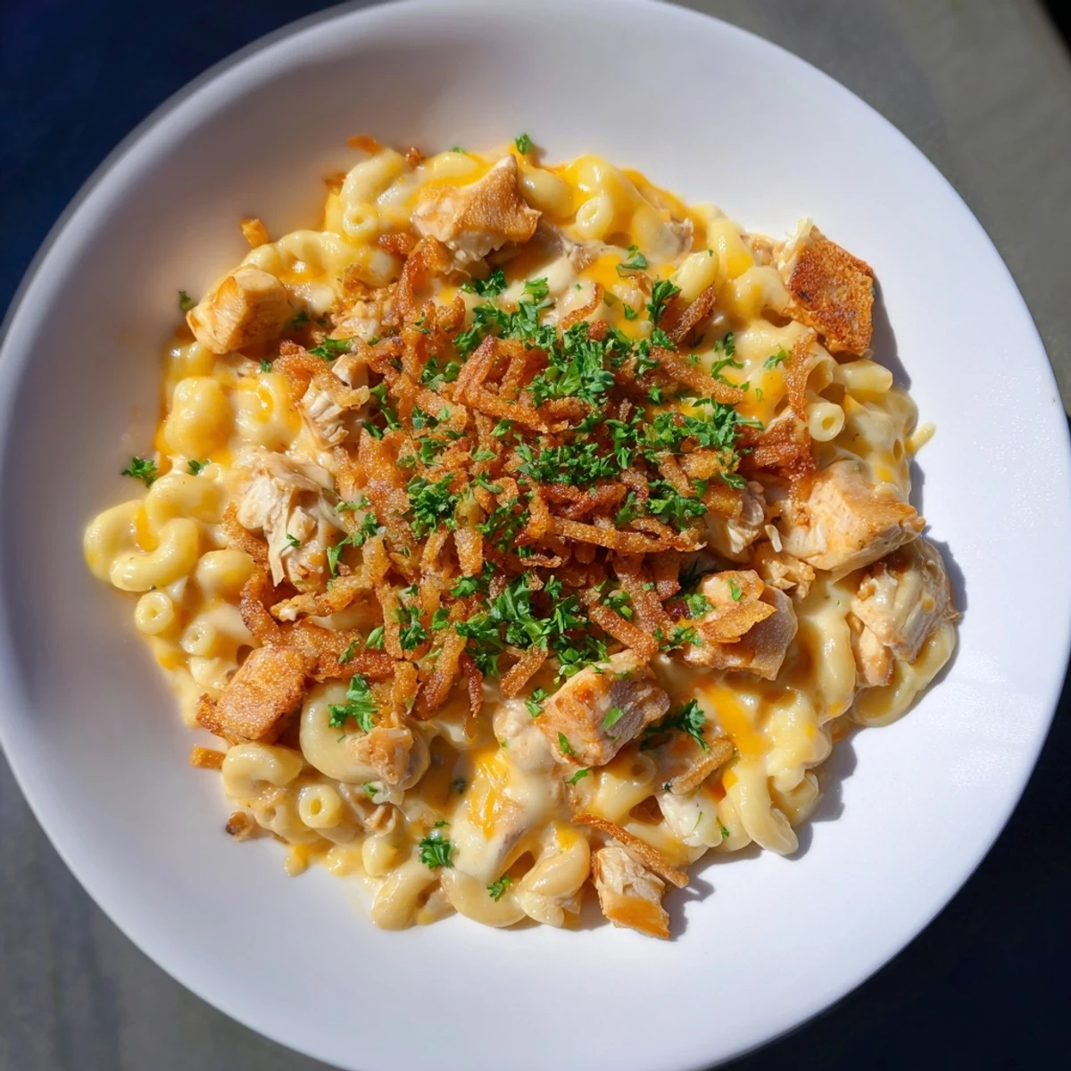 A close-up view of creamy One-Pot Honey BBQ Chicken Mac and Cheese, showcasing the tender chicken and melted cheese.