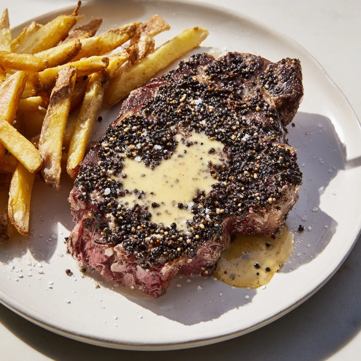 Juicy Classic Peppercorn Ribeye, perfectly seared with a peppercorn crust, served with golden crispy fries.