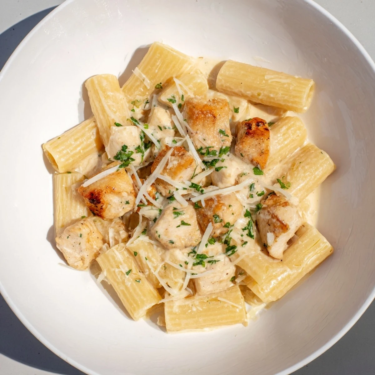 A close-up of tender chicken and rigatoni pasta bathed in a luscious Garlic Parmesan sauce.