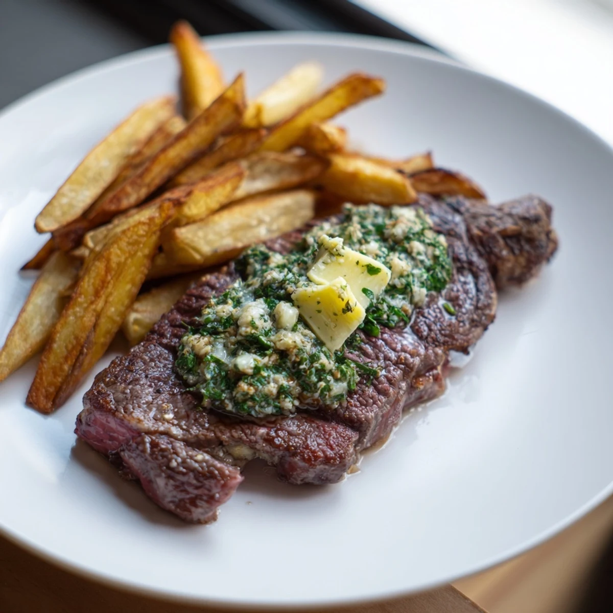 Golden, crisp Steakhouse Garlic Butter Steak & Fries, served with melted butter glistening over the perfectly-cooked steak.