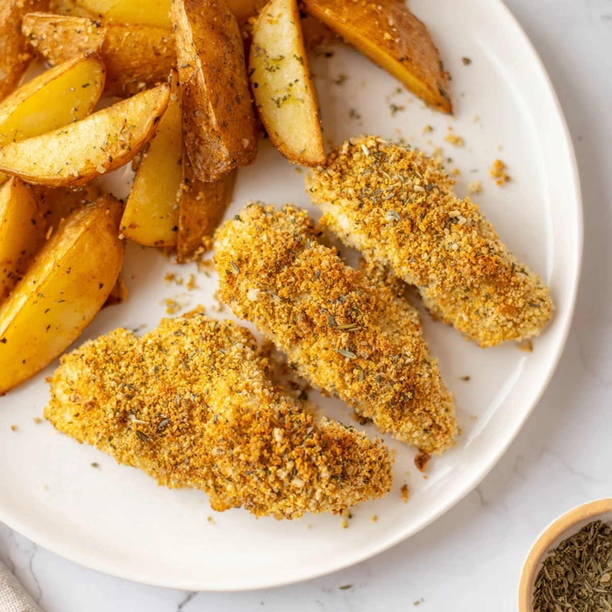 A plate of freshly cooked herbed chicken tenders paired with warm, fluffy potato wedges for a satisfying meal.