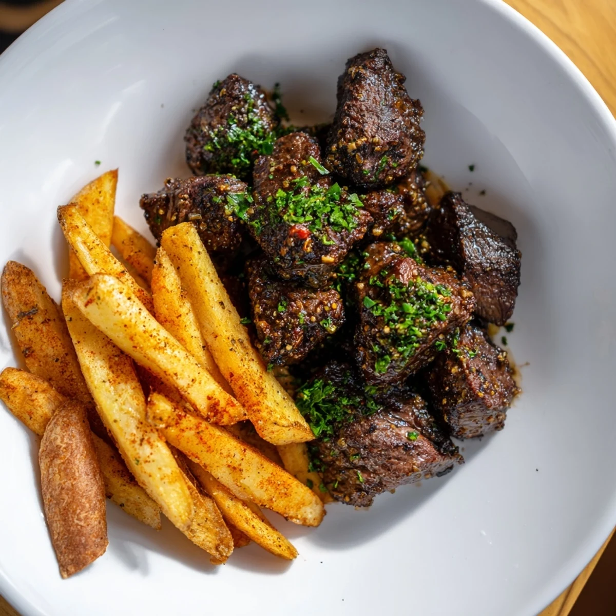 Seared, flavor-packed Blackened Cajun Steak Bites with a side of golden, perfectly crispy fries.