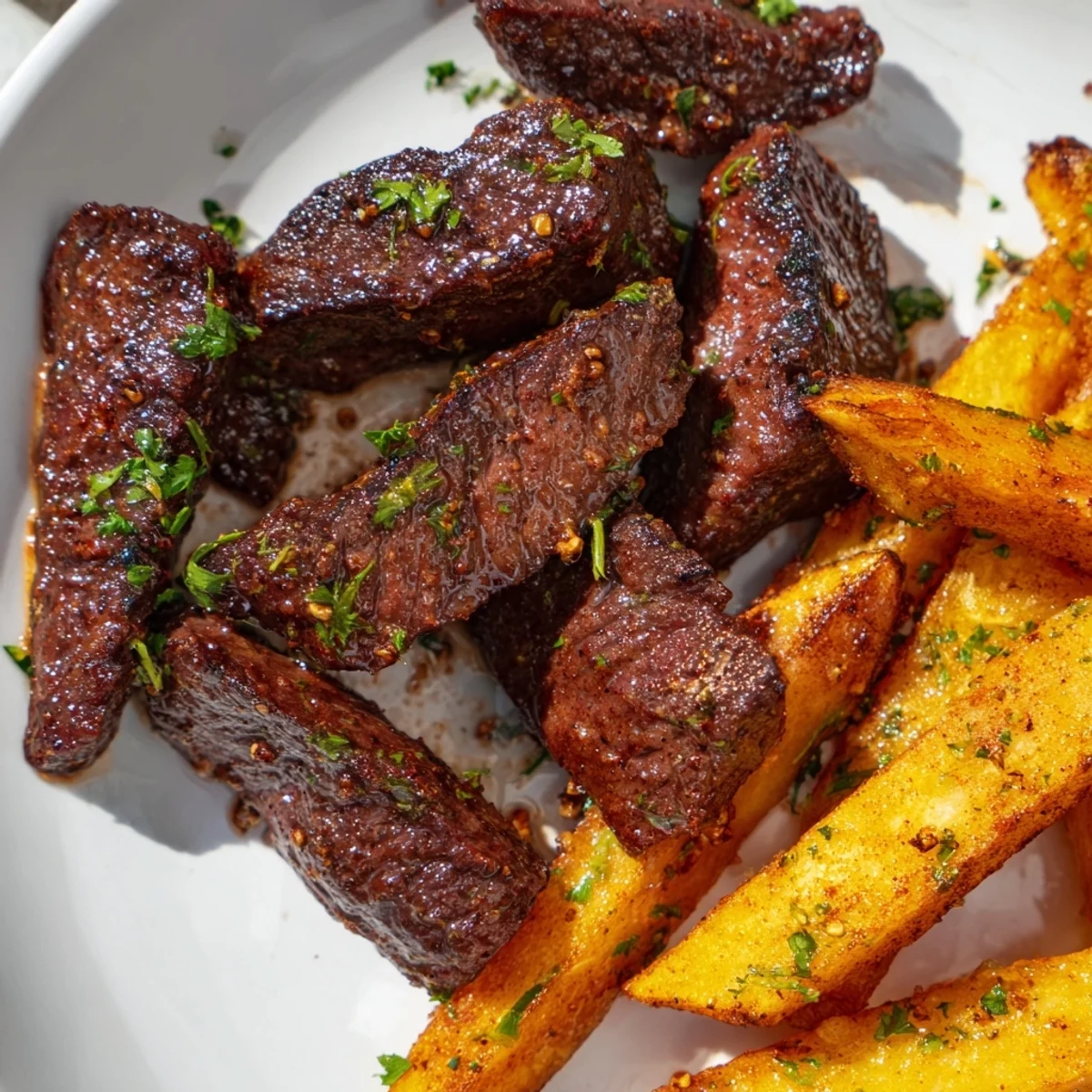 These irresistible Blackened Cajun Steak Bites, kissed with butter, are served next to a pile of hot, golden fries.
