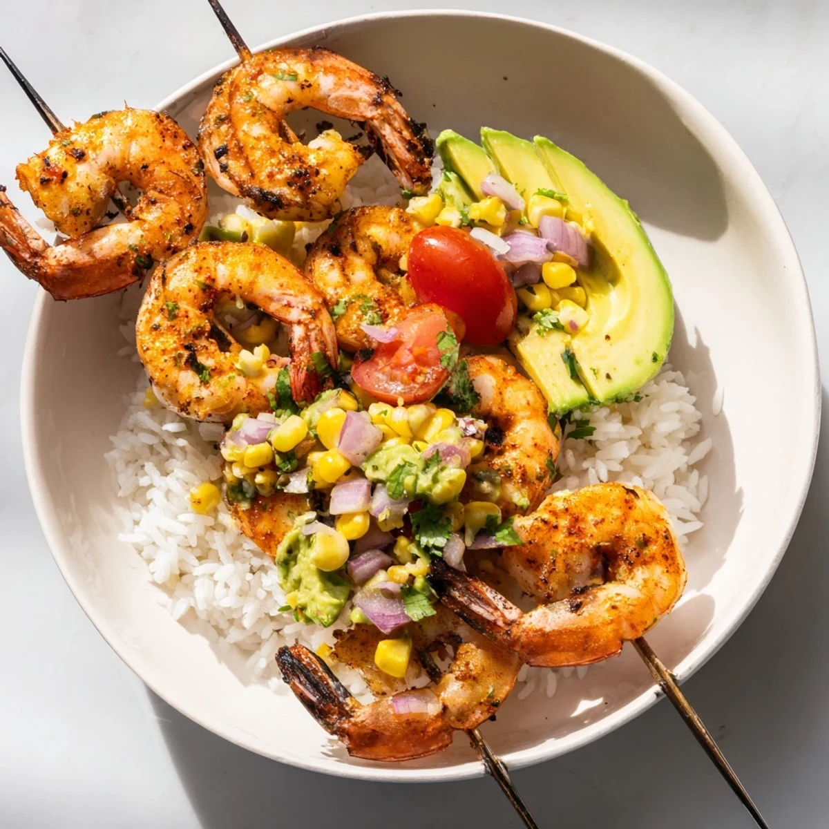 Juicy grilled shrimp nestled atop rice with colorful avocado corn salsa, this Easy Grilled Shrimp Bowl is perfect.