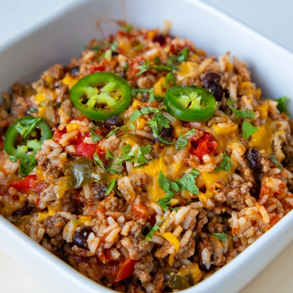 Delicious, cheesy Tex-Mex Beef & Rice Casserole ready to be served, a satisfying weeknight dinner.