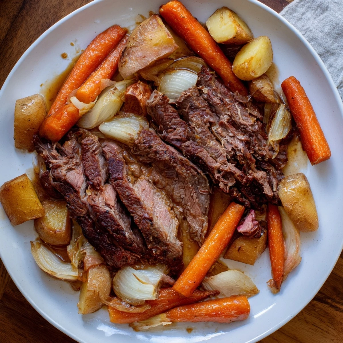 Deliciously braised Sunday Pot Roast with carrots and potatoes, perfect for a cozy family dinner.