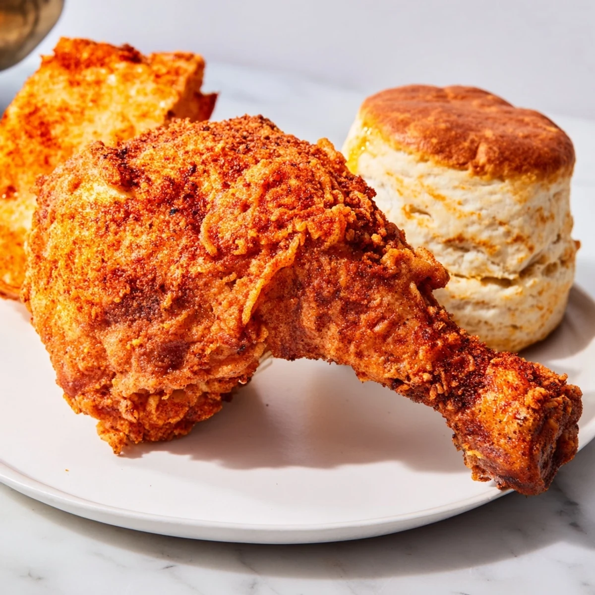 Crispy, seasoned Southern Fried Chicken with flaky buttermilk biscuits, ready for a delicious family dinner.