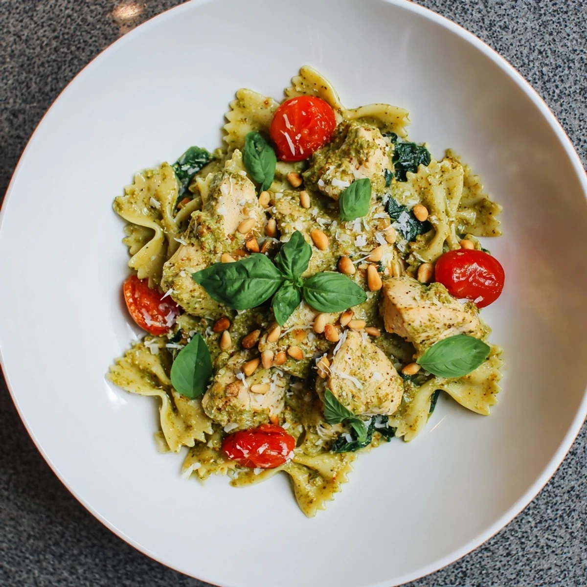 Creamy Pesto Chicken Bowtie Pasta with tender chicken and fresh basil, a colorful weeknight meal.