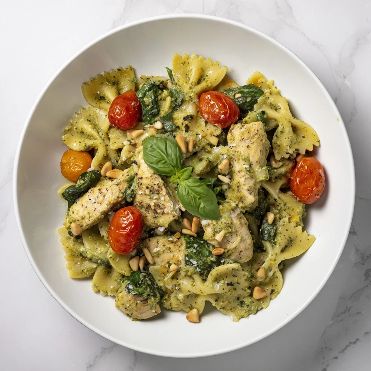 Delicious Pesto Chicken Bowtie Pasta tossed with Parmesan, ready to serve, a flavorful dinner option.