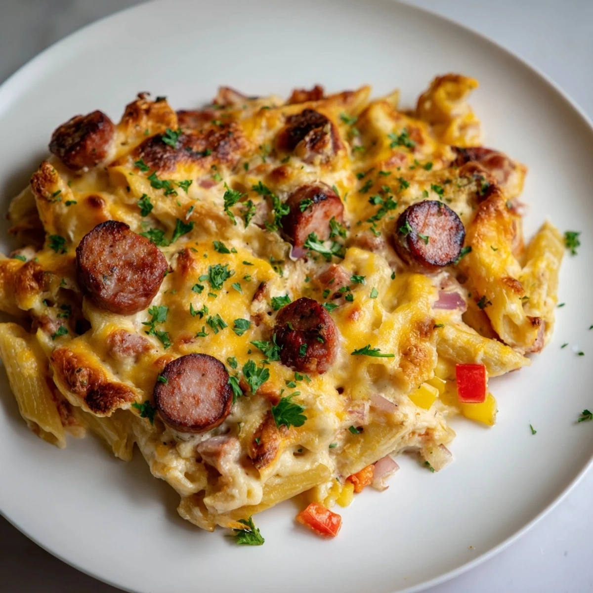 A bubbly Smoked Sausage & Cheddar Pasta Bake showcasing melted cheese and savory sausage, ready to serve.