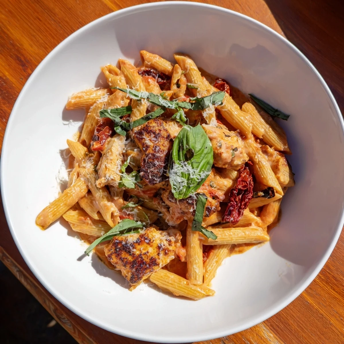A steaming plate of Creamy Tomato Basil Chicken Pasta, with Parmesan cheese and basil leaves adding flavor and color.