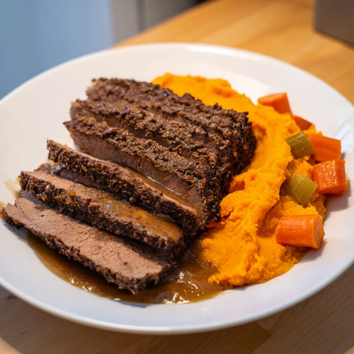 Slices of tender beef brisket sit atop creamy mashed sweet potatoes in this comforting recipe.