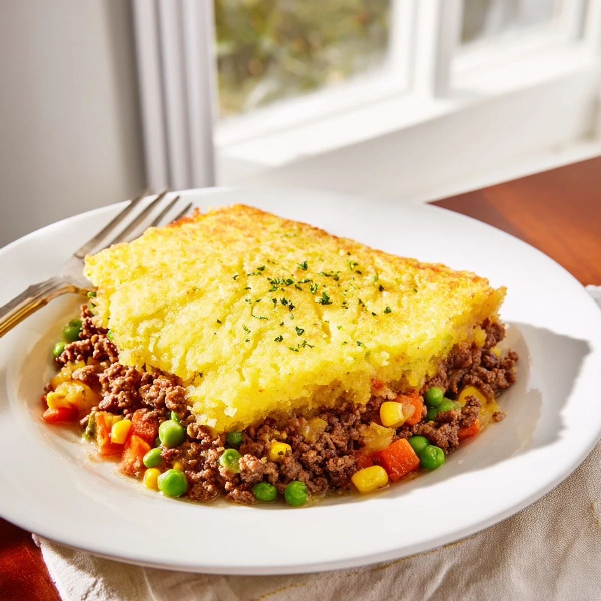 Golden, crispy cornbread crust topping a savory beef and vegetable filling in this Cornbread Crusted Beef Pie.