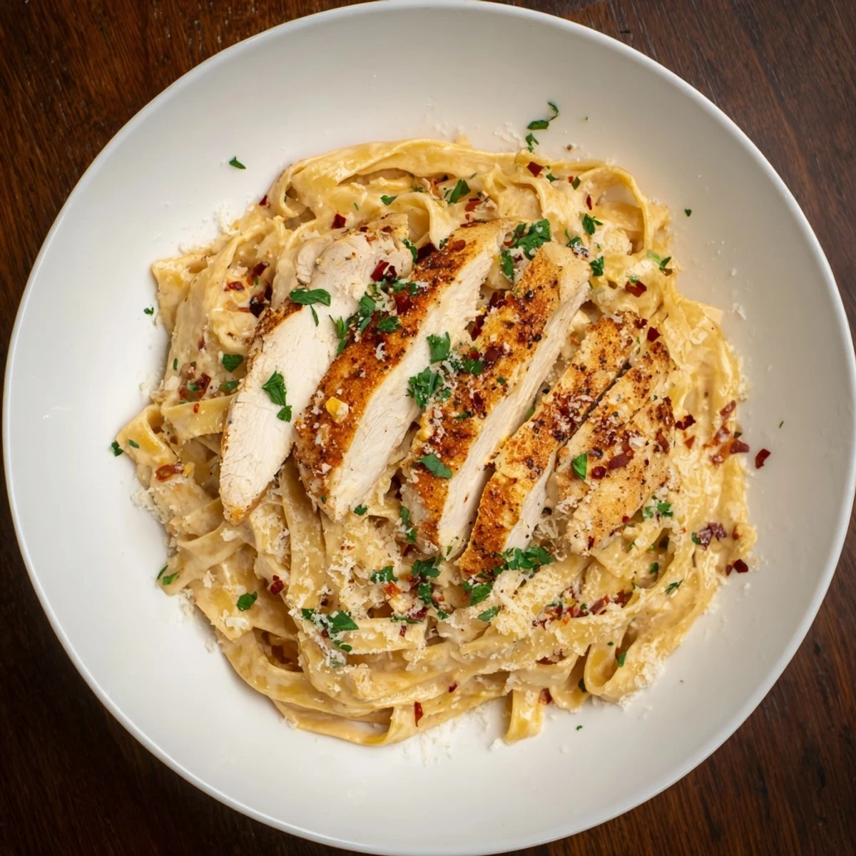 This decadent Spicy Cajun Chicken Alfredo features golden, spiced chicken sitting next to rich pasta.