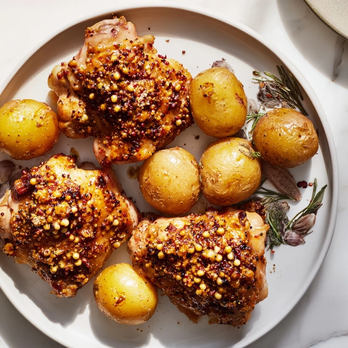 Golden brown Honey Mustard Chicken alongside crispy roasted potatoes in a baking sheet, ready to serve.