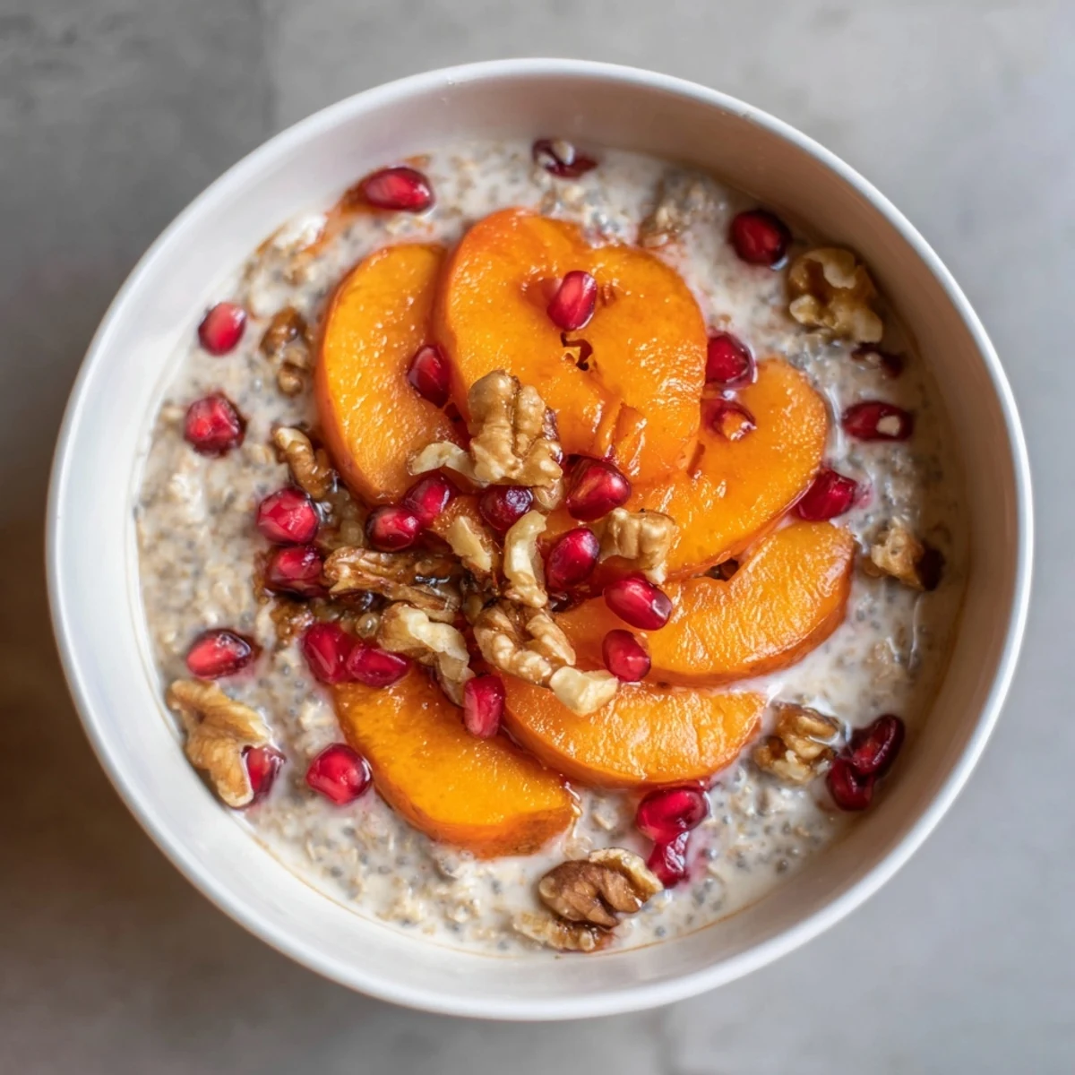 Creamy overnight oats with persimmon, pomegranate, and chia seeds, a colorful, healthy breakfast.