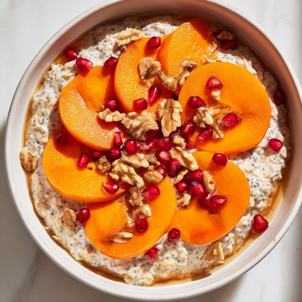 Bright, chilled overnight oats, topped with vibrant pomegranate seeds and slices of sweet persimmon.