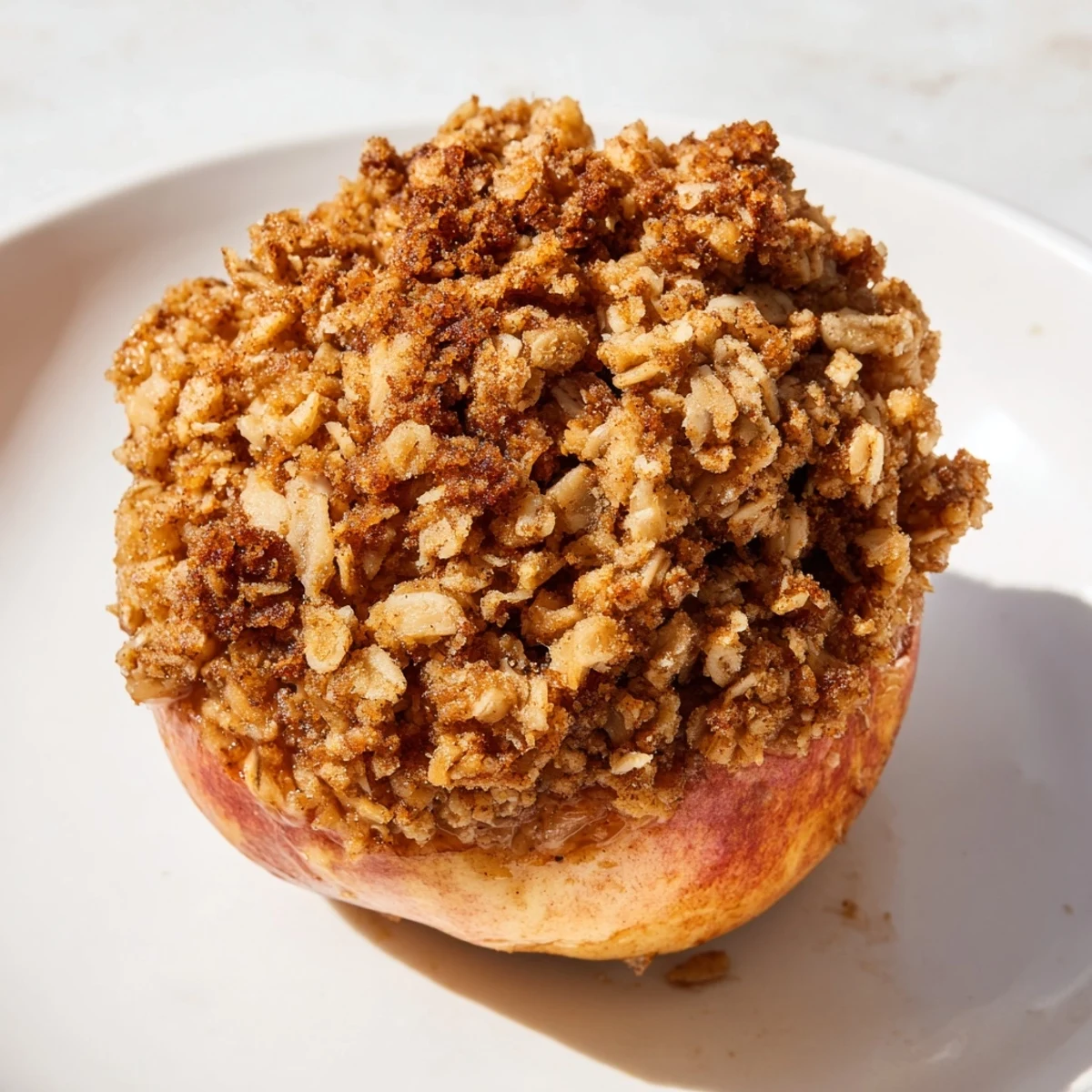 A close-up of delicious Baked Apples with Oat-Nut Crumble, showcasing the tender apple and crumble topping.