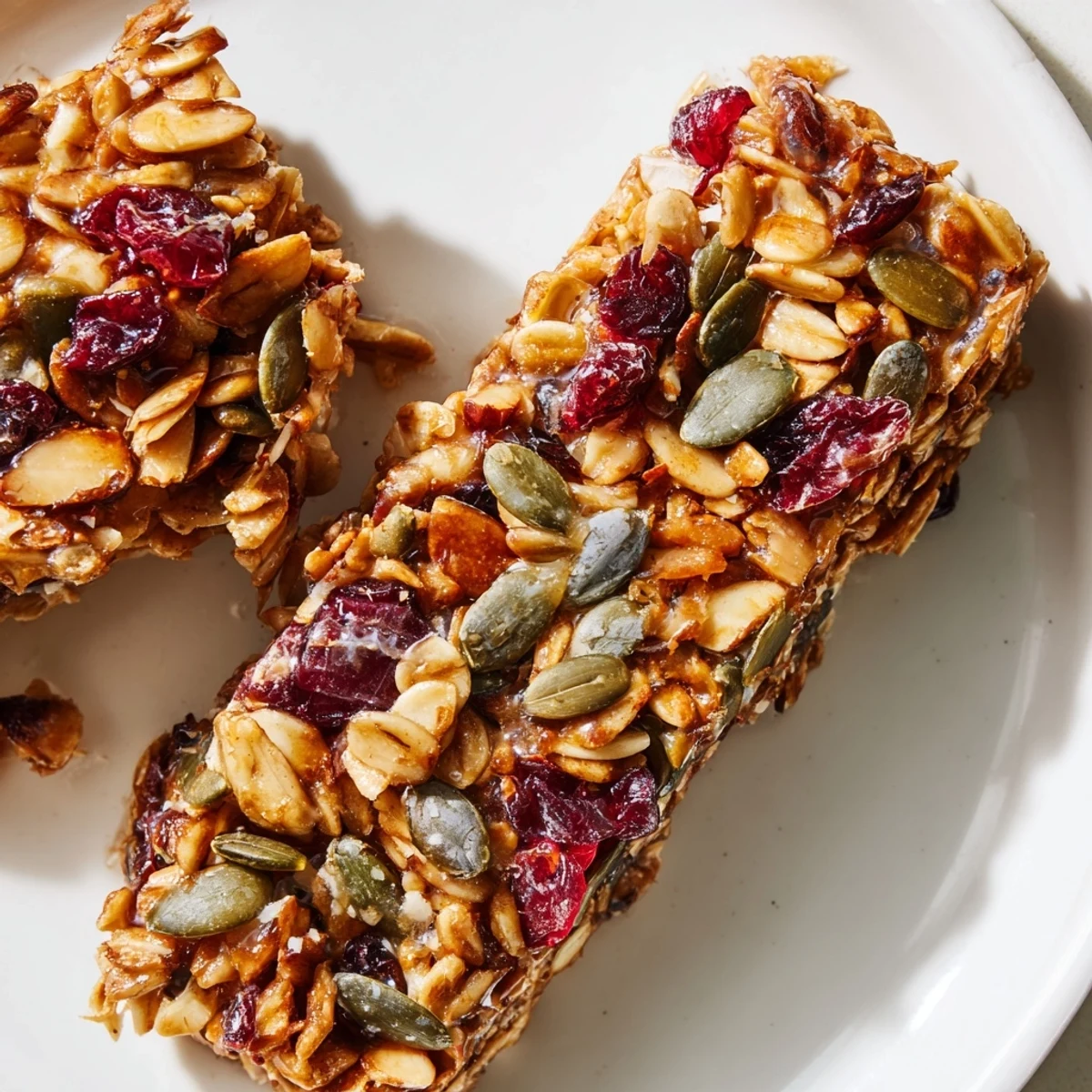 Enjoy a satisfying bite of these homemade Roasted Pumpkin Seed & Cranberry Granola Bars with crunchy pumpkin seeds.