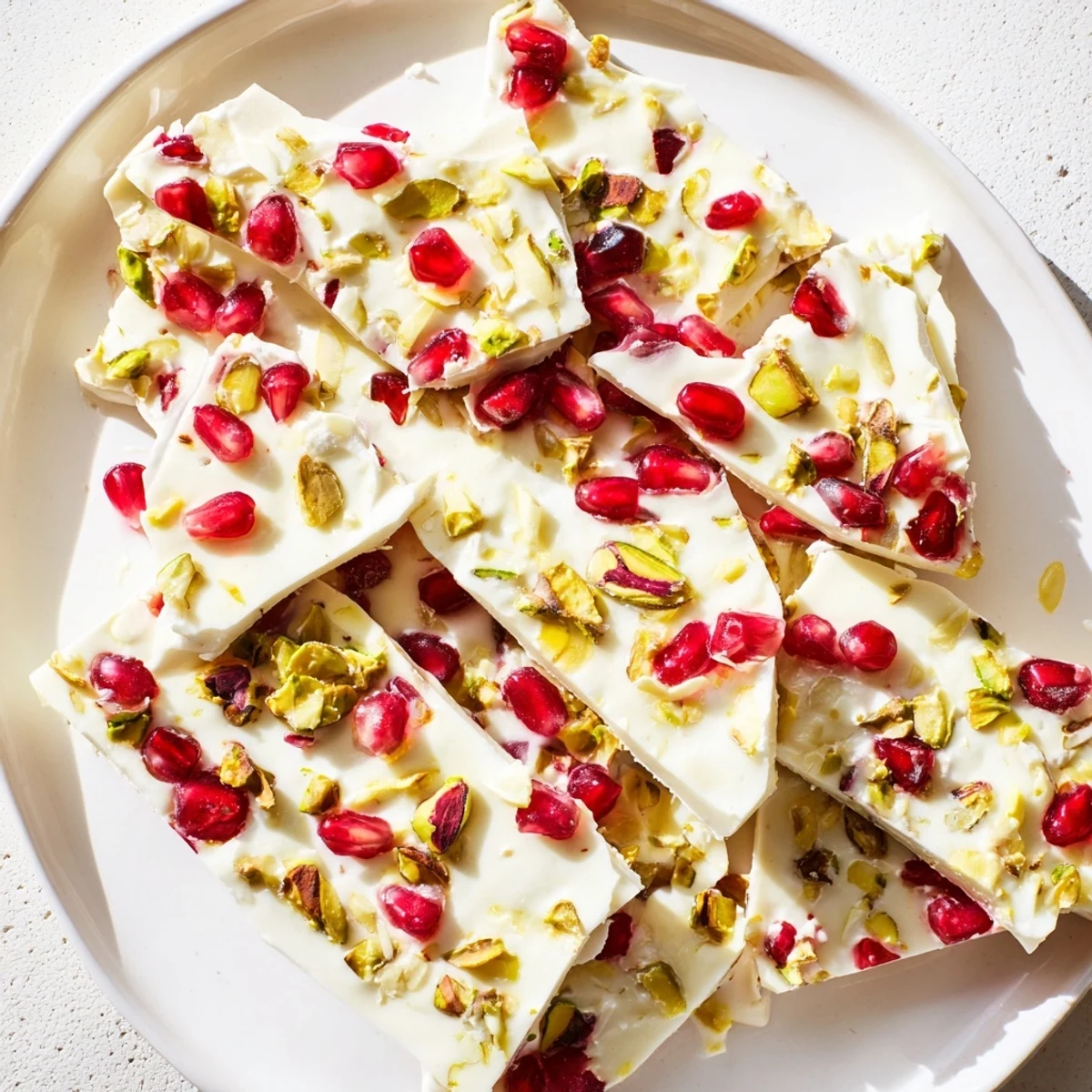 Creamy Frozen Yogurt Bark with vibrant pomegranate and pistachio toppings, a cooling treat.