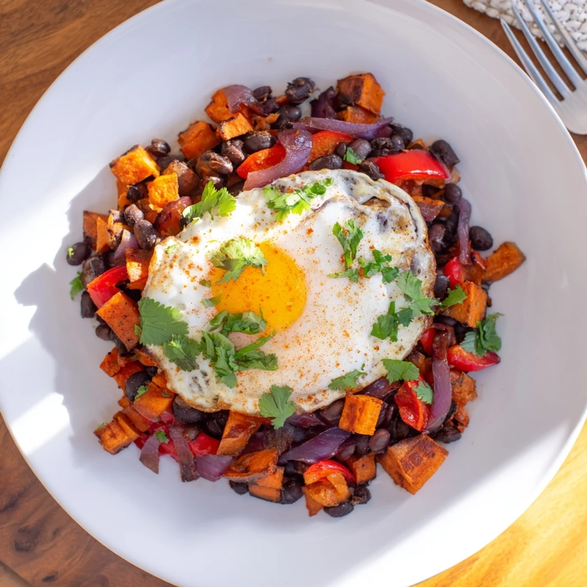Golden-brown sweet potatoes and black beans star in this savory breakfast hash with runny eggs.