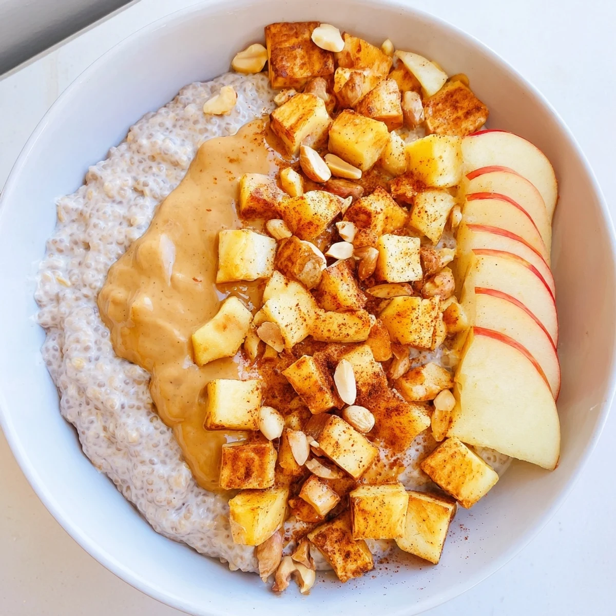 A close-up of creamy Apple-Chia Pudding with Peanut Butter, swirled and topped with fresh apples.