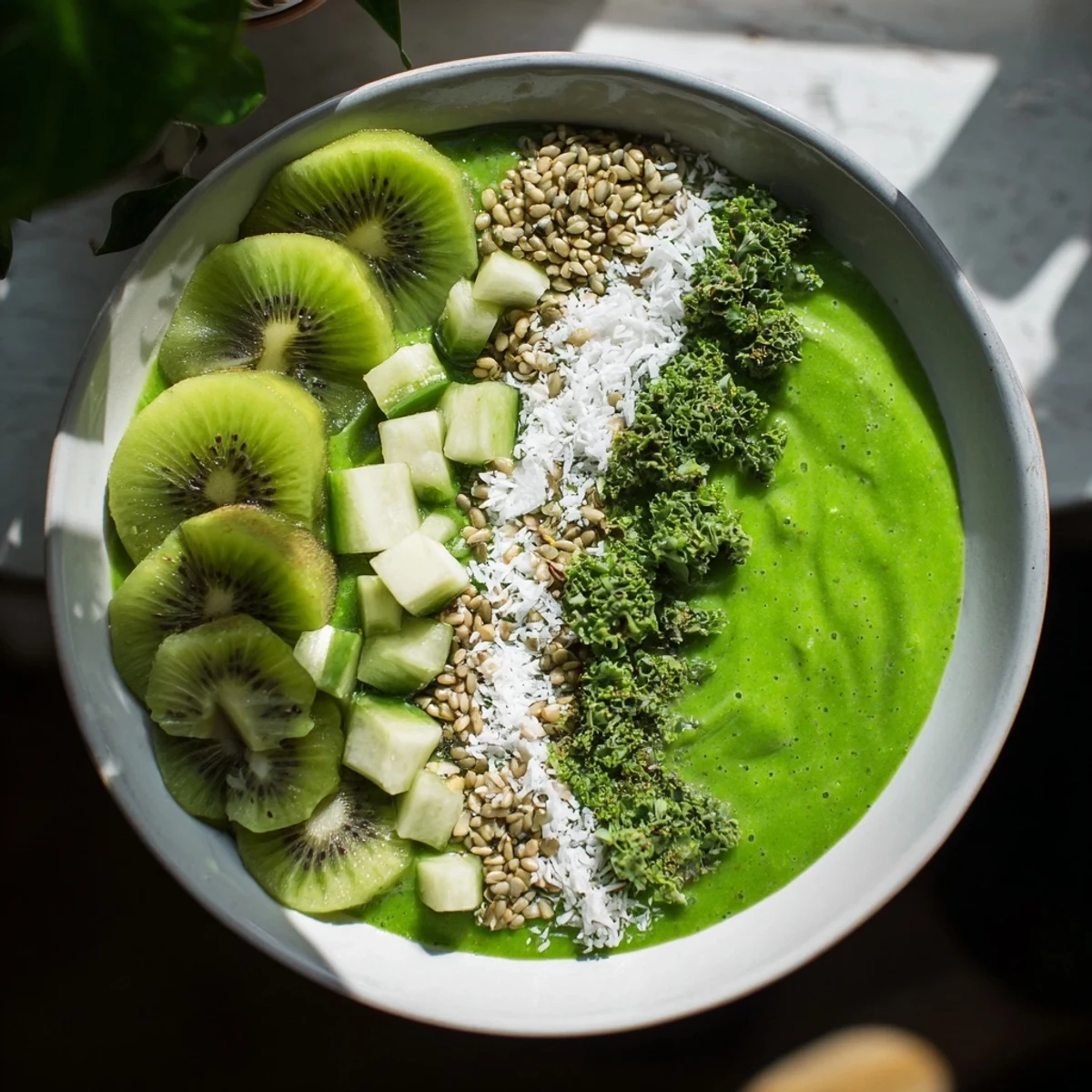 Creamy green smoothie bowl featuring fresh kiwi and avocado, perfect for a vibrant breakfast.