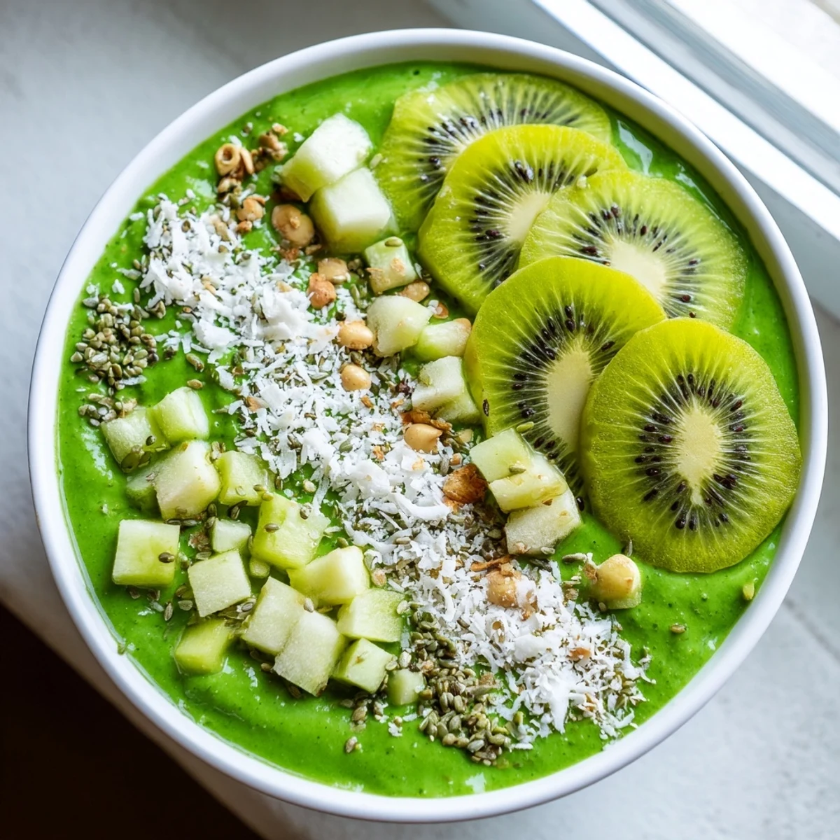 A close-up of a refreshing green smoothie bowl, garnished with kiwi and hemp seeds for a healthy meal.