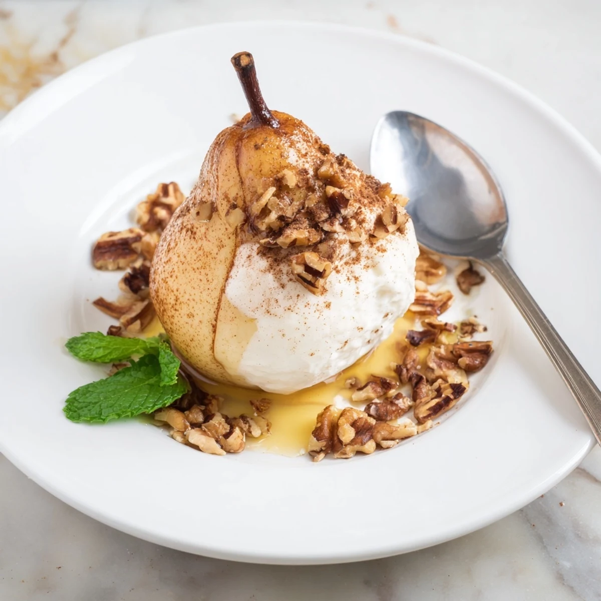 Golden-brown roasted pears, topped with walnuts and creamy Greek yogurt—the perfect cinnamon-infused treat.