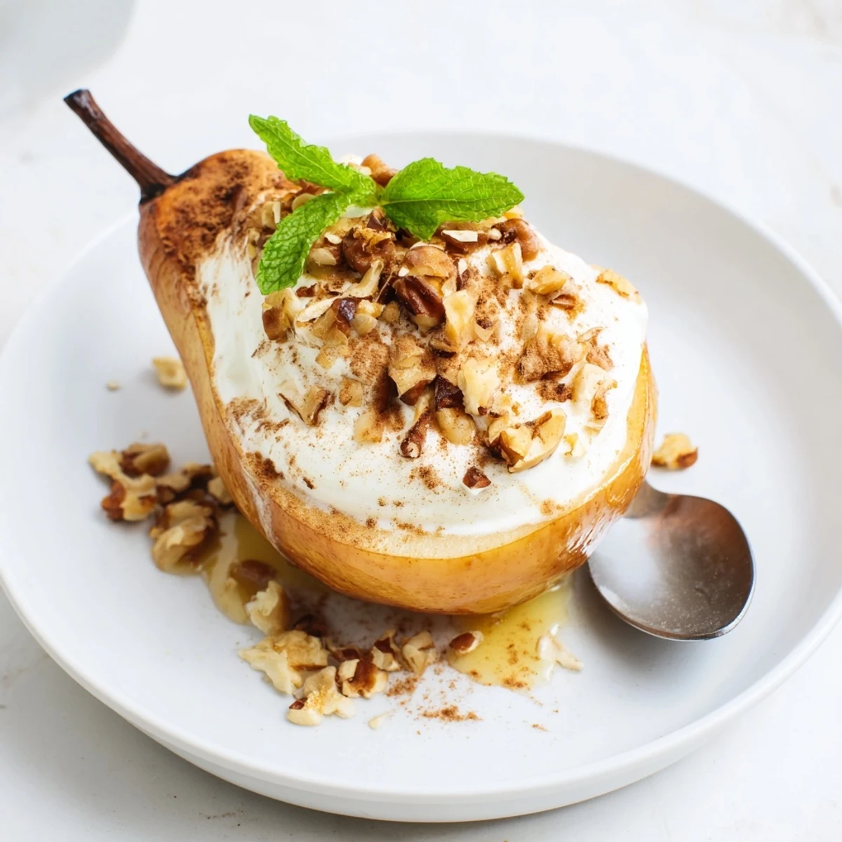 Close-up of roasted pears with cinnamon, walnuts, and Greek yogurt, a simple and satisfying recipe.