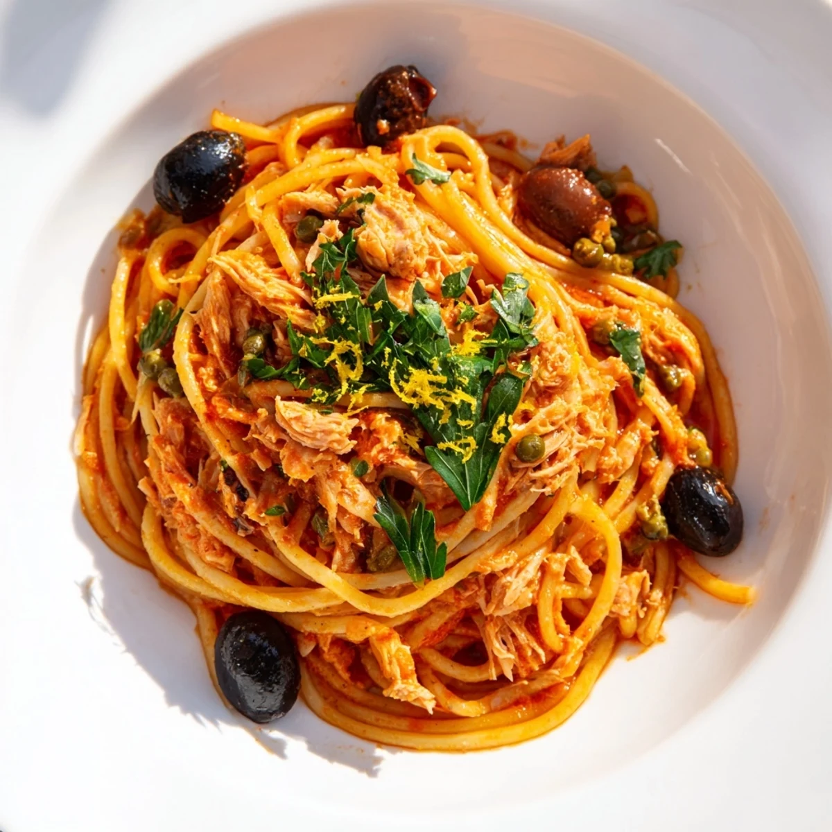 Flavorful Pasta with Tuna, Olives & Capers served, garnished with fresh parsley and lemon zest.
