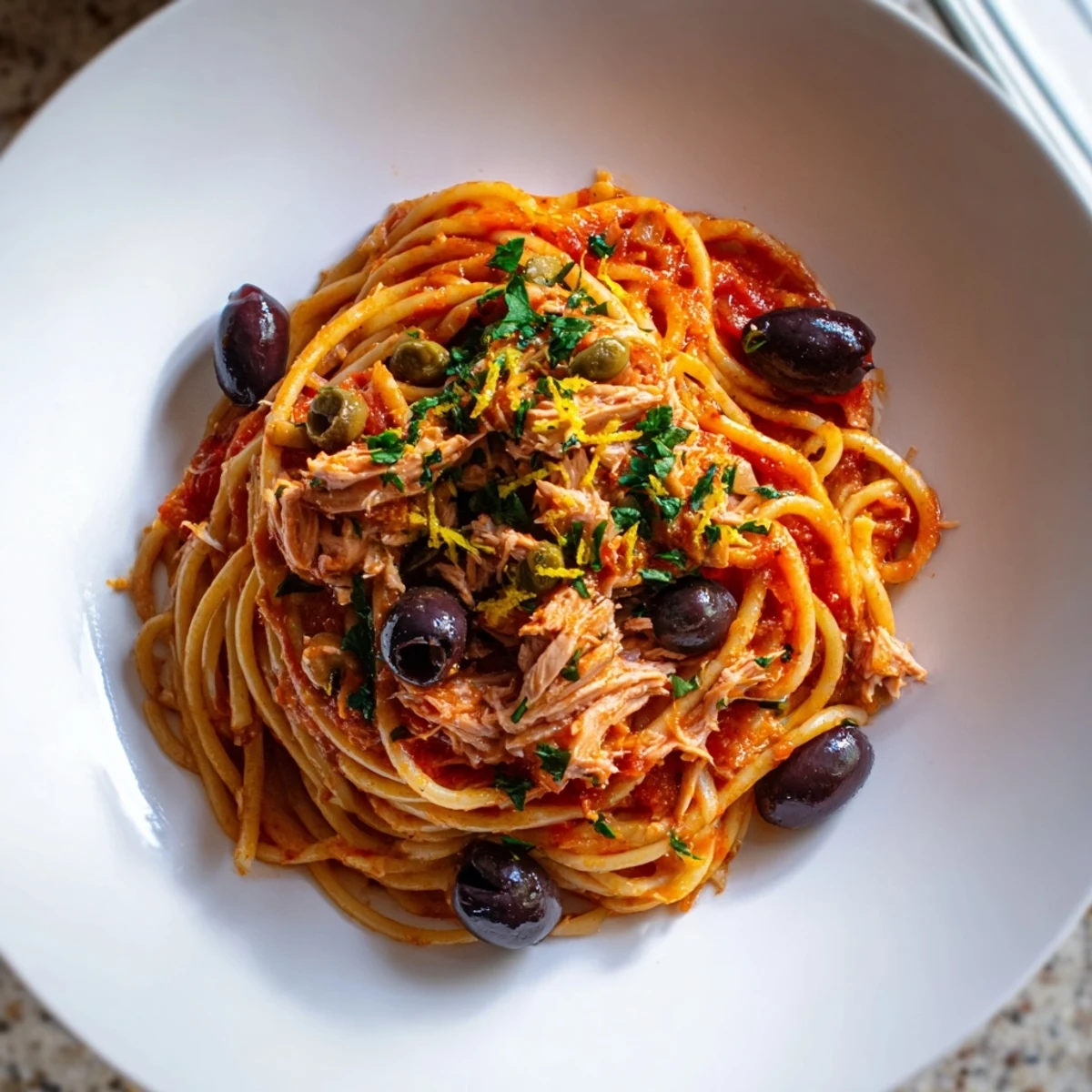 Close-up of Pasta with Tuna, Olives & Capers, a delicious Italian main course.