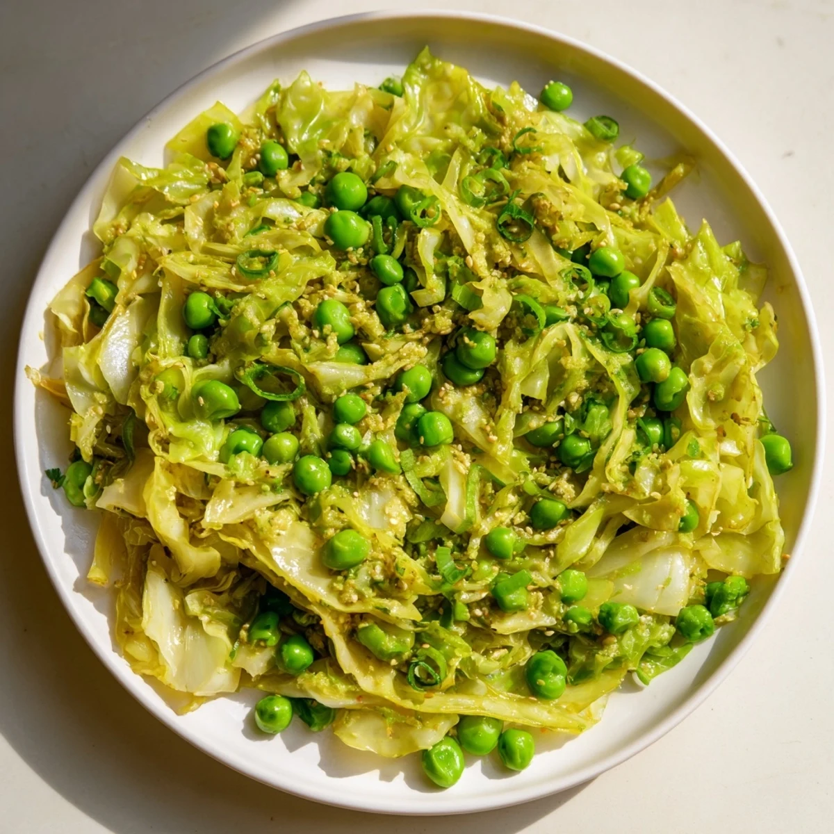 Vibrant Cabbage Stir-Fry with Garlic, Soy, and Peas: a colorful dish with tender, glistening vegetables.