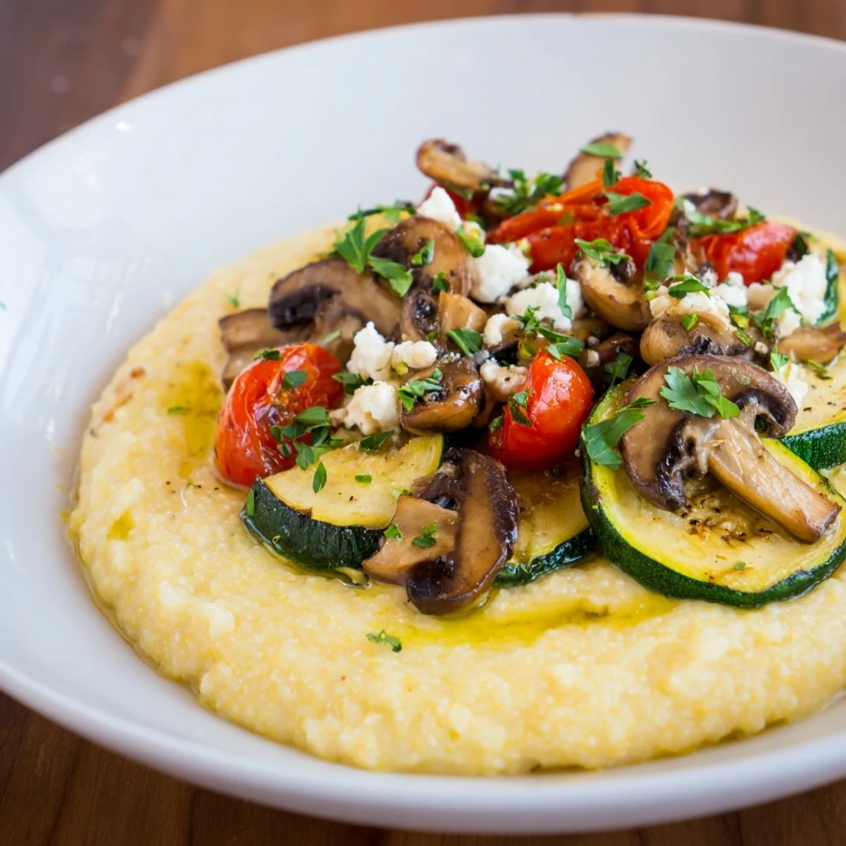 Delicious and colorful Cornmeal Mush Polenta Bowls, loaded with savory mushrooms and fresh herbs ready to eat.