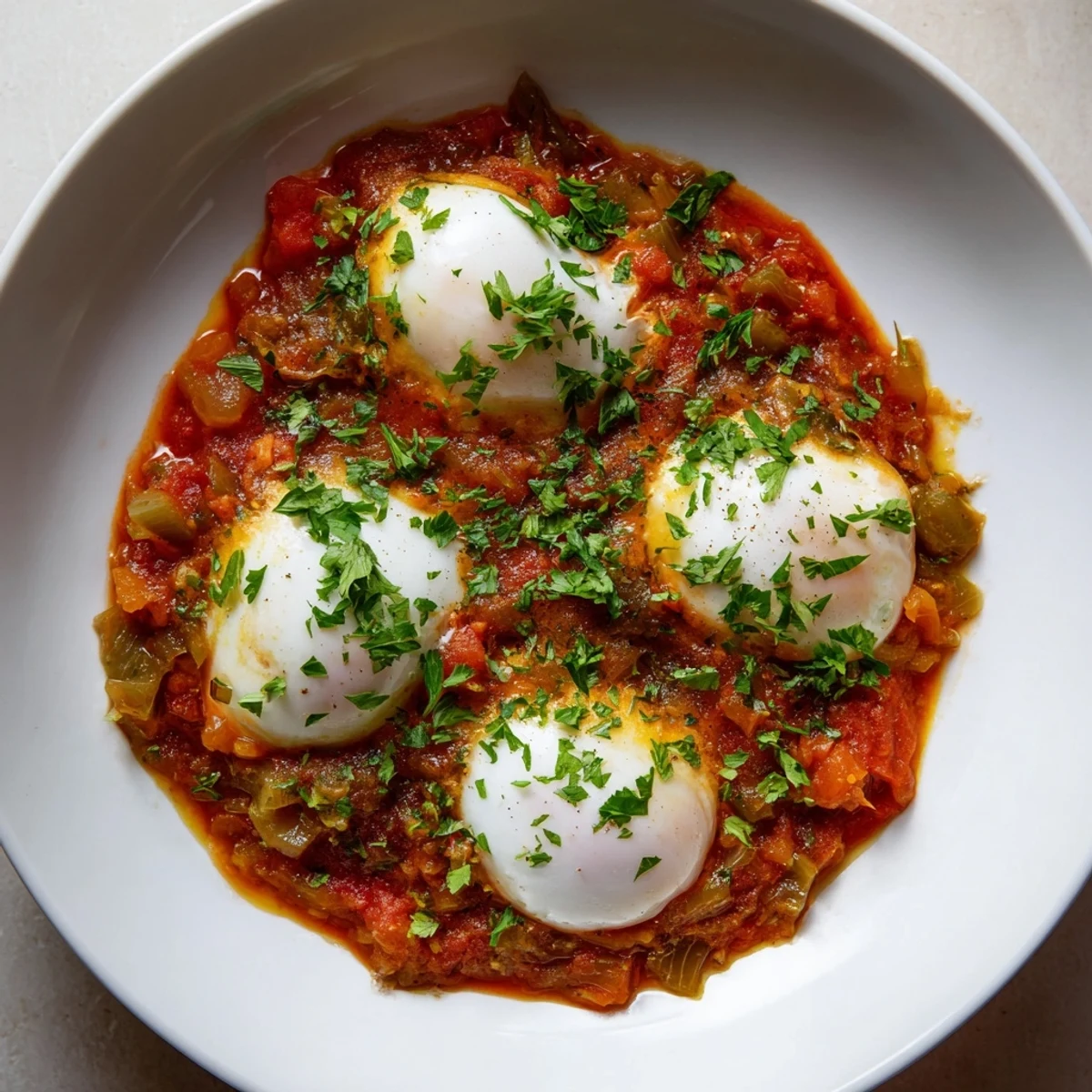 Steaming hot Shakshuka with perfect poached eggs, ready to be scooped up with crusty bread.
