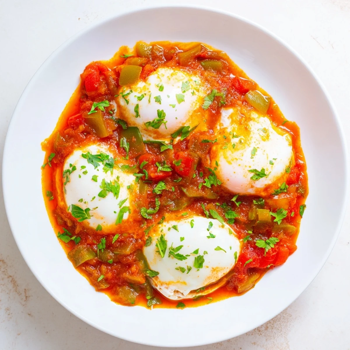 Beautiful close-up of Shakshuka, showing the bright yellow egg yolks nestled in spicy tomato sauce.