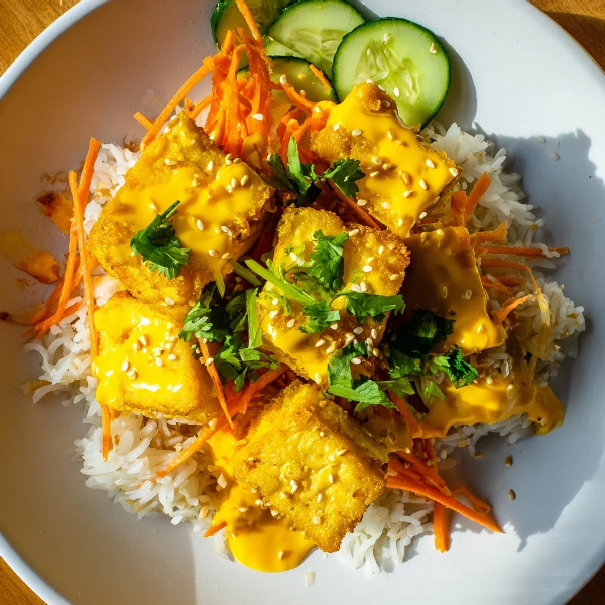 These flavorful Chili-Mayo Baked Tofu Bowls offer a delightful texture and colorful presentation, ready to eat.