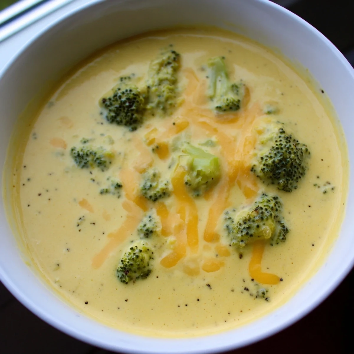 Enjoy a warm, homemade bowl of Broccoli Cheese Soup with crusty bread, featuring tender vegetables.