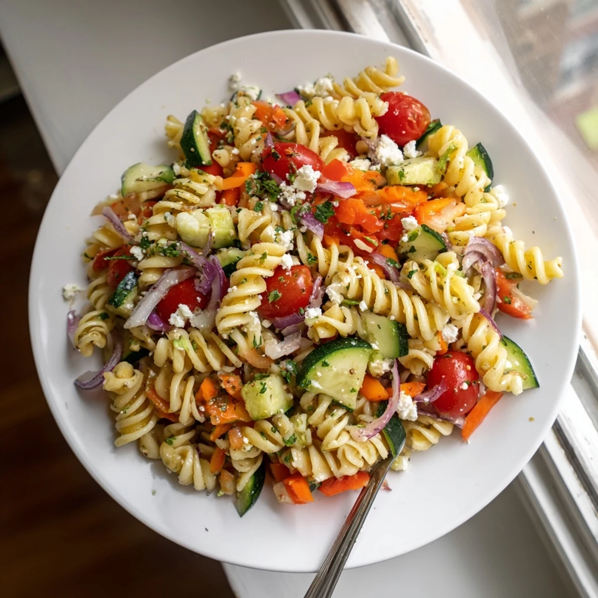 Pasta Salad with seasonal veggies, featuring vibrant colors, ready for a delicious, light meal.