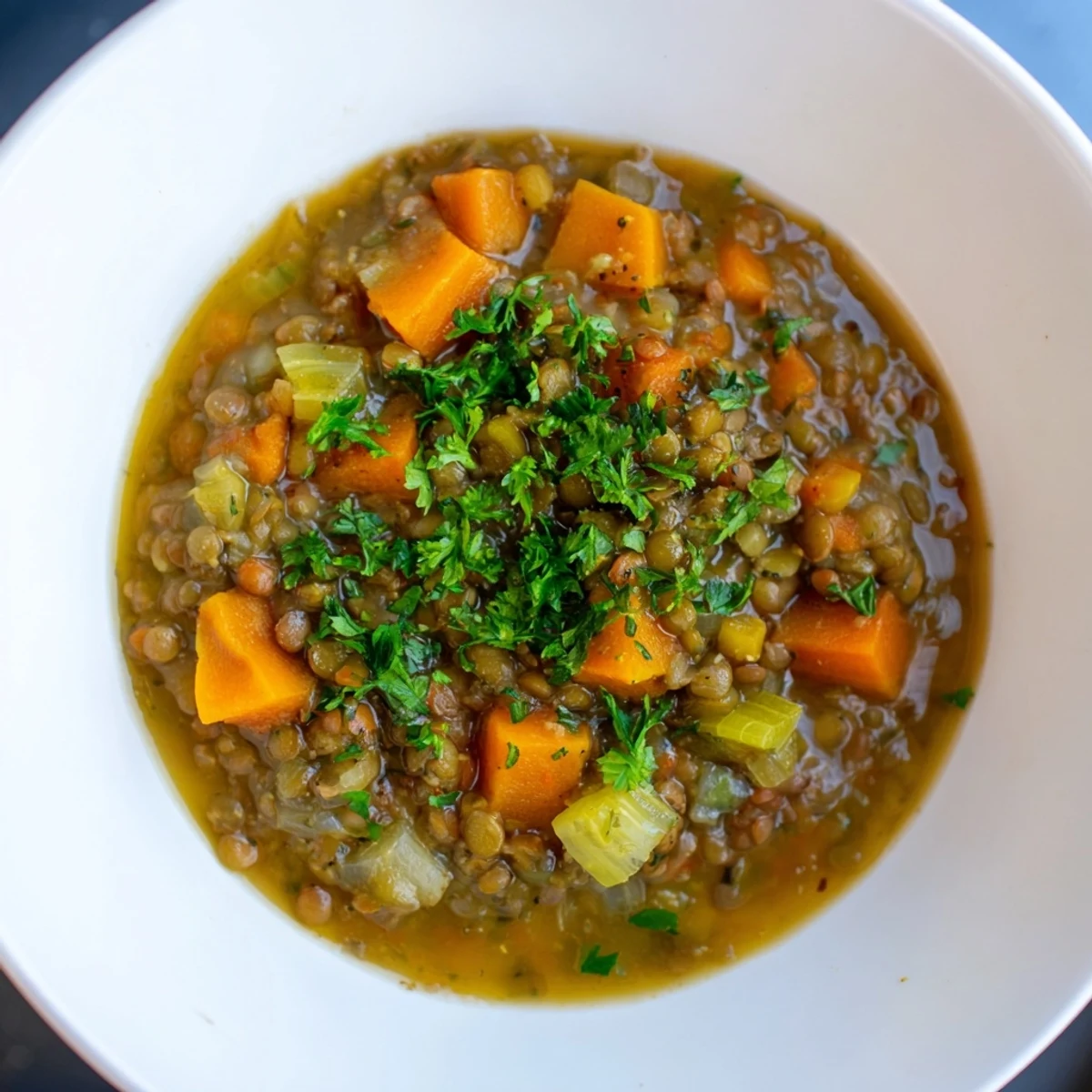 Steaming bowl of Lentil Soup with carrots and celery, garnished and ready to boost immunity.