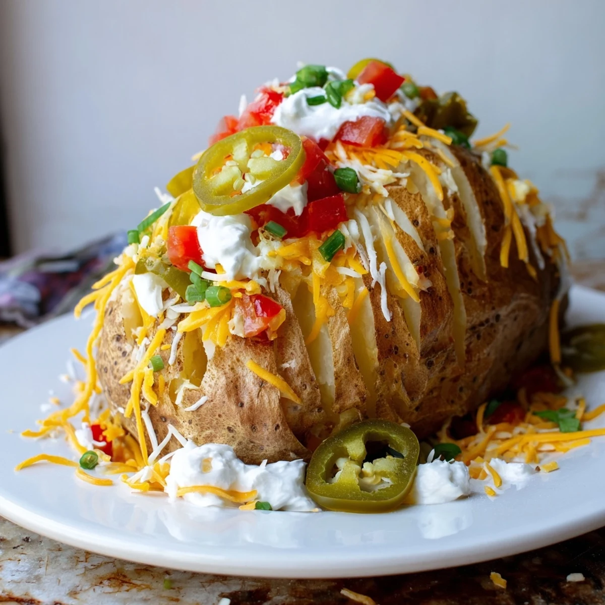 Fluffy baked potato bar, steaming hot, piled high with cheddar cheese and fresh green onions.