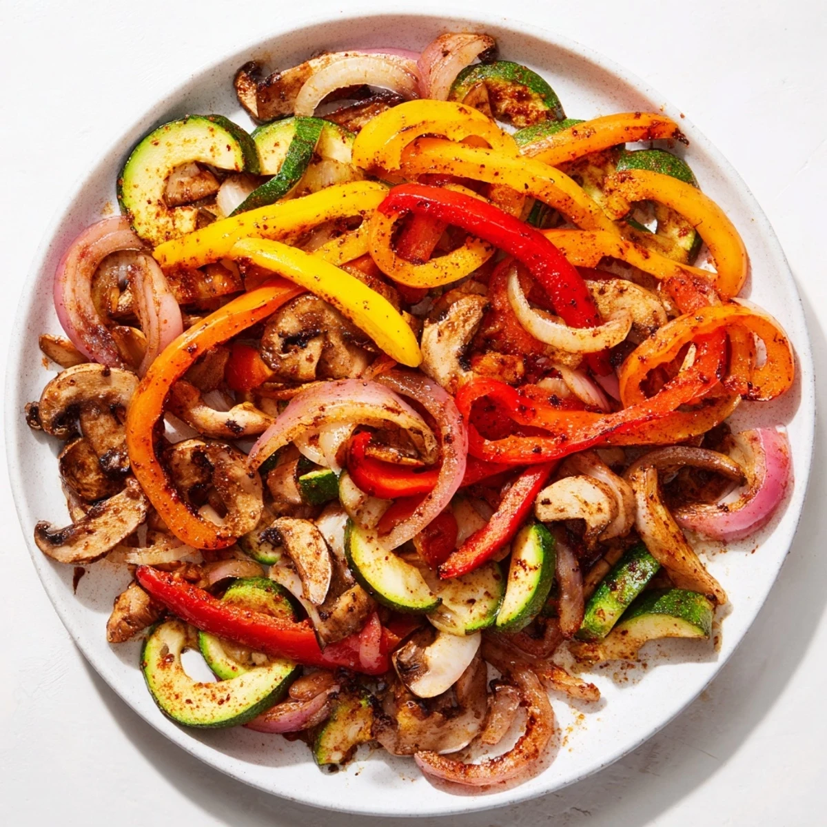 A colorful pan of cooked veggie skillet fajitas, showcasing tender vegetables ready to be wrapped in a warm tortilla.